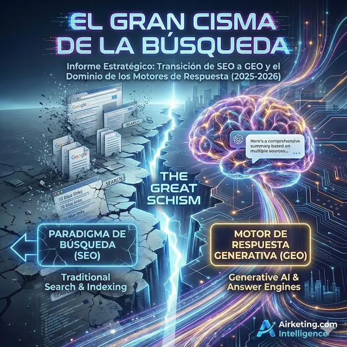 Infografía: El Gran Cisma de la Búsqueda - SEO tradicional vs GEO (Generative Engine Optimization)