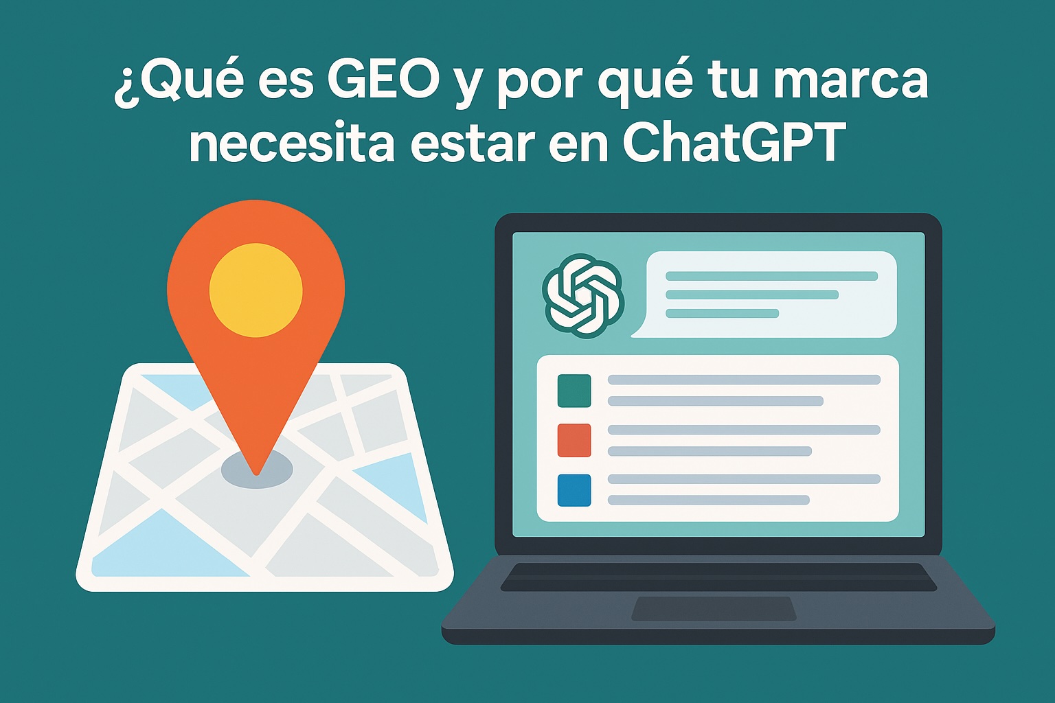 Ilustración de GEO - Generative Engine Optimization con mapa y pantalla ChatGPT