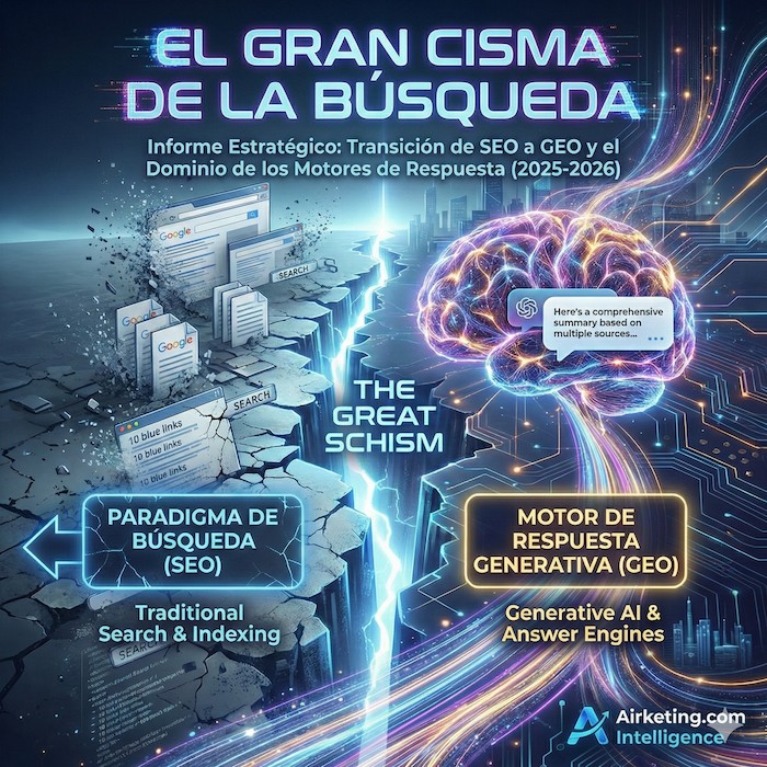 Infografía: El Gran Cisma de la Búsqueda - SEO tradicional vs GEO (Generative Engine Optimization)